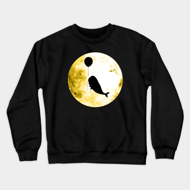 Whale flies with a balloon, black silhouette on the yellow moon Crewneck Sweatshirt by Collagedream